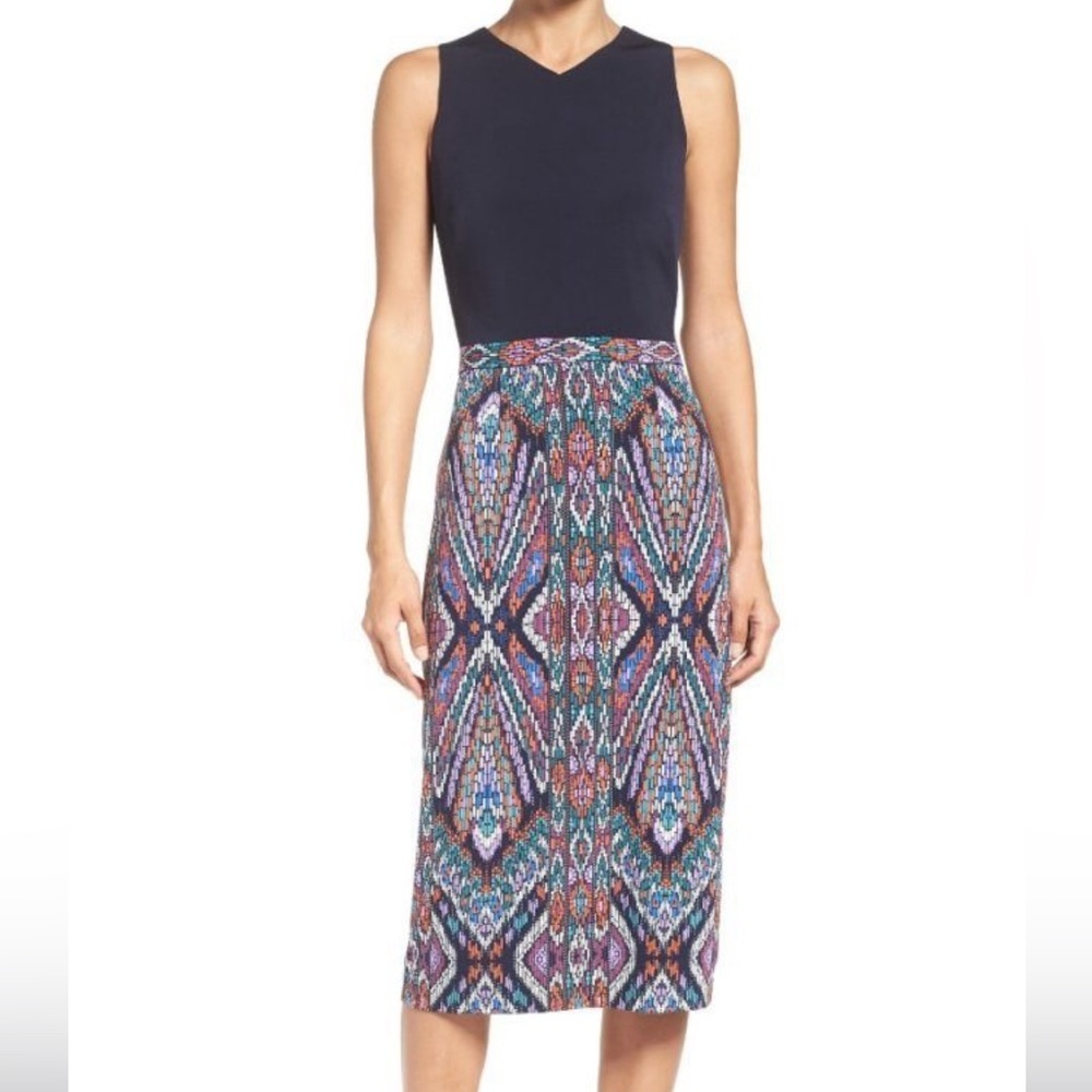 Maggy London Women’s Navy Multi Color Short Sleeve Pencil Dress